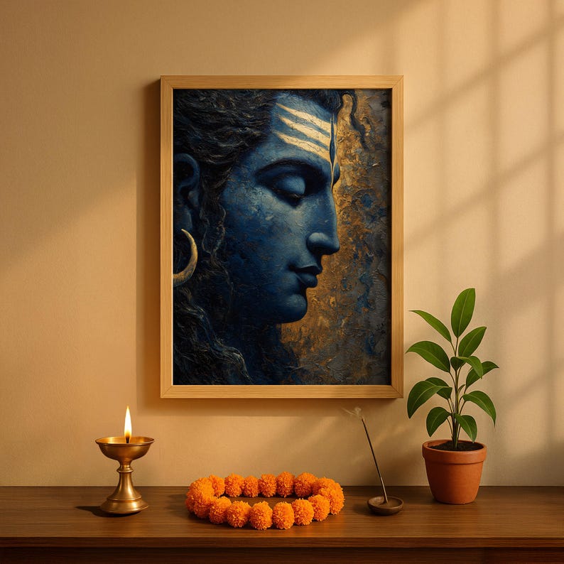 Lord Shiva Wall Art Mahadev Portrait Hindu God Painting Blue Gold ...