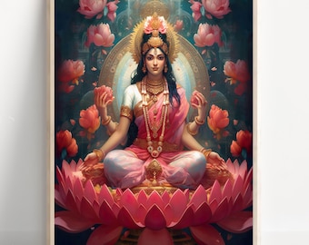 Lakshmi, Goddess of Wealth, Goddess lakshmi, Lakshmi Art, Hindu Goddess Wall Art, Hindu God, Indian God, Poster Print, Canvas