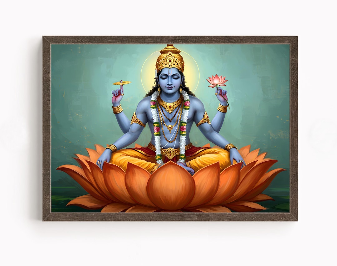 ビシュヌ　ヒンドゥの神々　額縁付　　　　　ビンテージポスター ヴィシュヌ、ラクシュミナラヤン、ヴィシュヌ神、ヒンドゥー教の神の壁