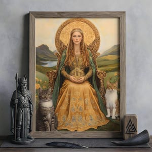Freyja Wall Art, Norse Mythology Decor, Viking Goddess Artwork, Goddess of Love and War, Nordic Wall Art, Freyja with Cats and Brísingamen