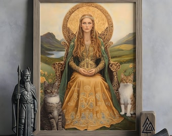 Freyja Wandkunst, Nordische Mythologie Dekoration, Wikinger Göttin Kunstwerk, Göttin der Liebe und des Friedens, Nordische Wandkunst, Freyja mit Katzen und Brísingamen