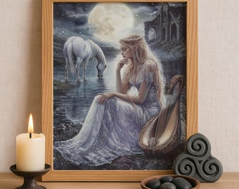 Rhiannon Celtic Goddess Wall Art, Welsh Mythology Print, Goddess of Horses and Enchantment, Celtic Tonalism Decor, Feminine Pagan Artwork
