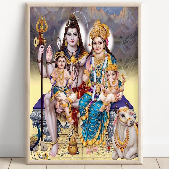 インド神話のキャンバスアート、シヴァ、パールヴァティ、リンガ、ヒンドゥー教 シヴ・パリヴァール、シヴァ、シヴァ神、ヒンドゥー教の神、シブアート