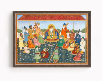 Sikh Art | The Ten Holy Sikh Gurus with Guru Nanak Dev at Center | Sikh Gurus | Religious Art | Vintage Art painting | Print | Canvas