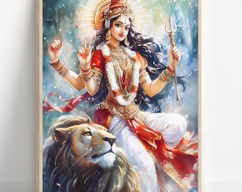 Durga, Goddess Durga, Hindu Goddess, Durga Art, Durga Painting, Hindu Goddess Wall Art, Tiger Goddess, Indian God, Poster Print, Canvas