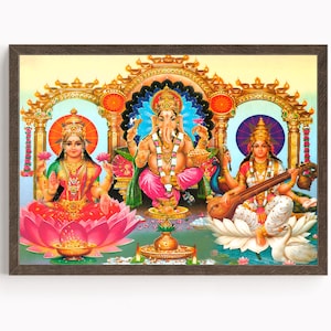 Ganesh with Lakshmi and Saraswati, Lord Ganesh, Hindu God Wall Art, Vintage Art, Indian God, Poster Print, Canvas
