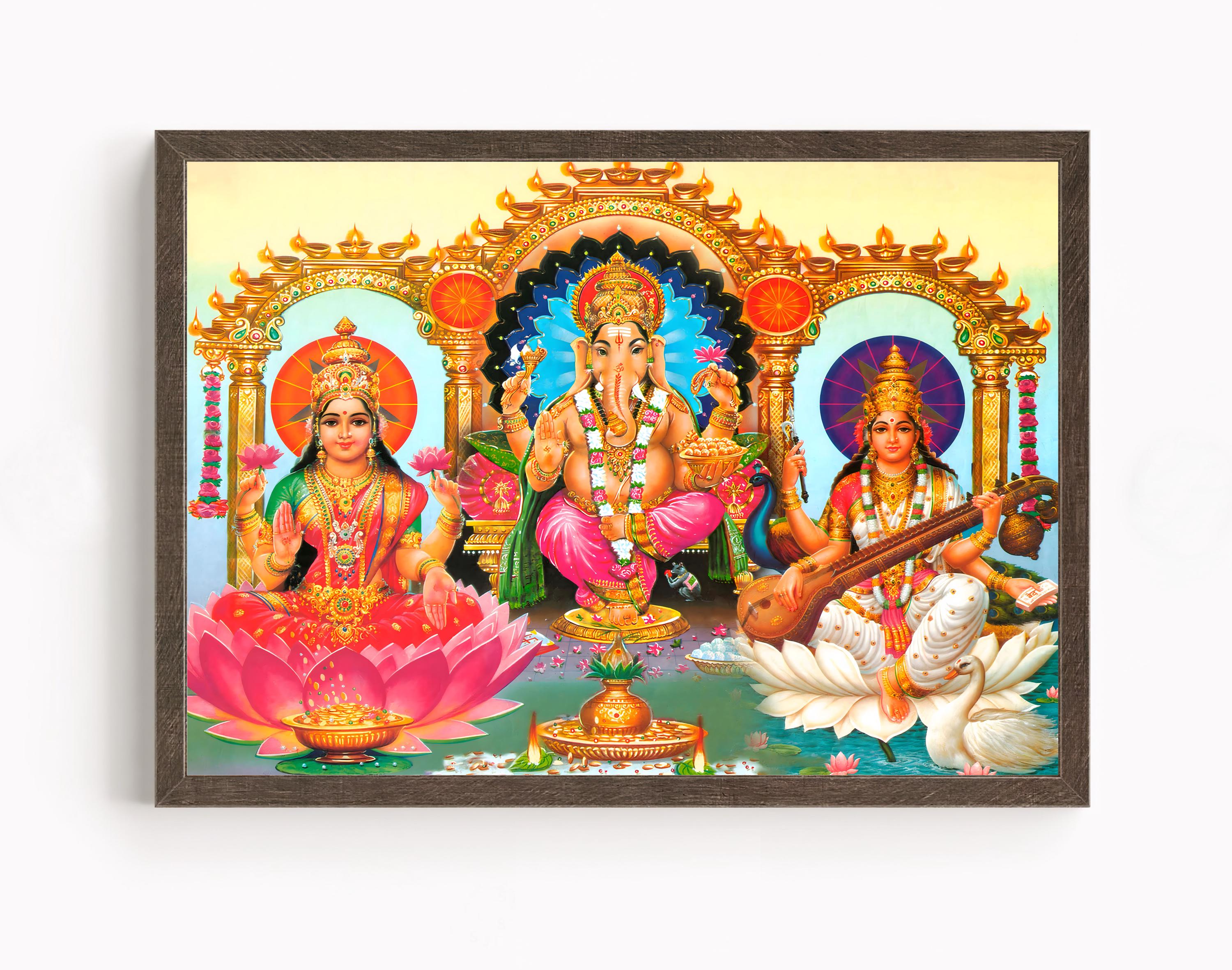 Art N Store Quadro Con Cornice: Lord Balaji, Lakshmi E Ganesh - Stampa HD, Protezione Acrilica, 30x23,5 Cm