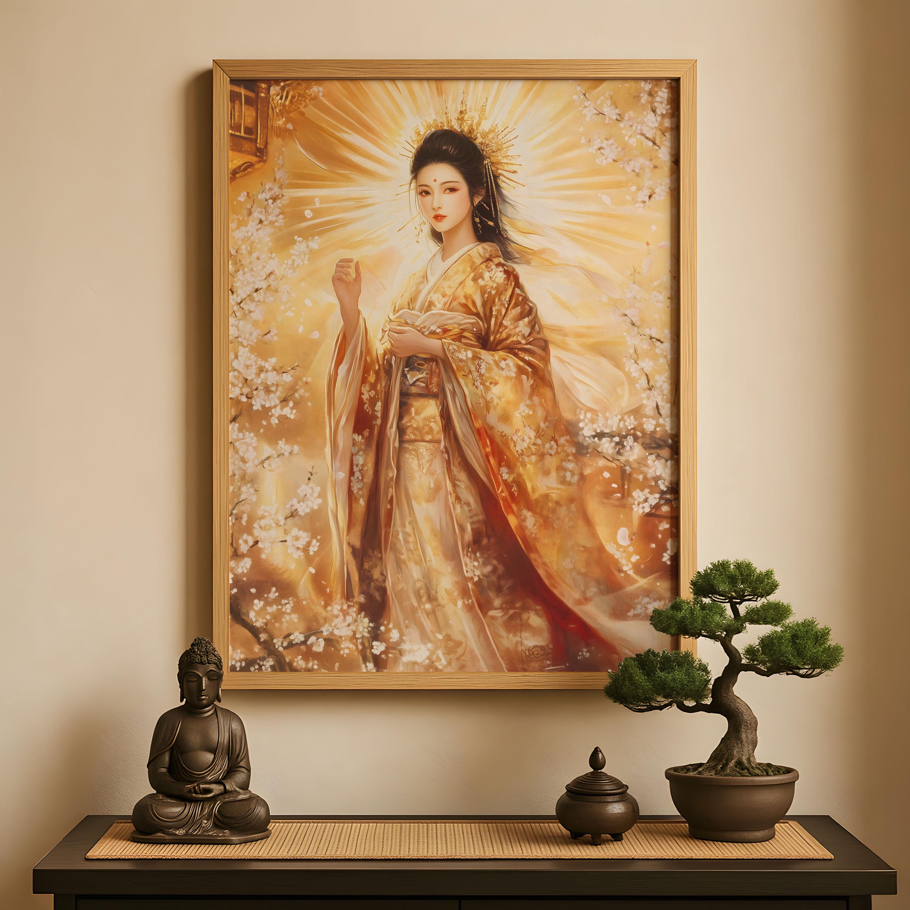 天照大御神プリント、天照大御神アート、天照大御神、日本の太陽の女神