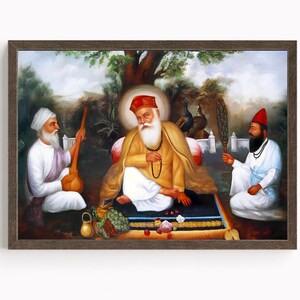 May include: A framed painting showing three figures in a garden. The central figure, in a red turban and gold robe, is seated. Two other figures flank him, one playing a stringed instrument and the other holding a fan. The artwork uses vibrant colours.