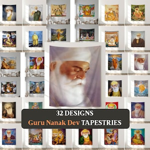 Op de afbeelding: Een verzameling van 32 Guru Nanak Dev wandkleden, elk met een ander portret of scène. De wandkleden worden op een witte muur getoond. De tekst "32 DESIGNS Guru Nanak Dev TAPESTRIES" staat op een zwarte banner.