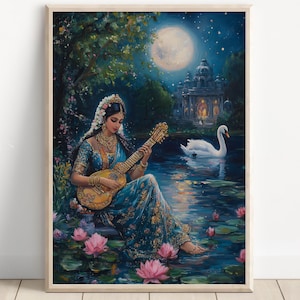 Saraswati, Goddess Saraswati, Goddess of Knowledge, Saraswati Art, Hindu Goddess, Hindu God Wall Art, Indian Goddess, Poster Print, Canvas