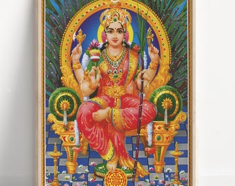 希少、ヒンドゥー教、インドの女神、キャンバスアート、裏面フック付き 三人の女神ビンテージ スタイルのインドのヒンドゥー教の宗教的な