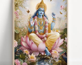 Arte di Vishnu, Signore Vishnu, Vishnu, Dio indù, Dio indiano, Laxmi Narayan, Arte murale del dio indù, Stampa poster, Tela