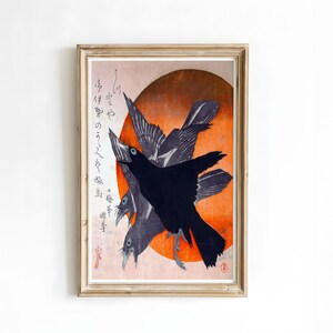 Three Crows Rising Sun Print, Japanese Bird Art, Vintage Ukiyo-e Style Poster, Minimalist Black Crow Wall Art, Asian Decor Canvas