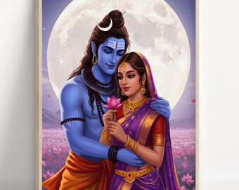 Shiva y Parvati, Dios Shiva, Parvati, Dios hindú Shiv Parvati, Arte Shiv, Dios indio, Arte mural Shiva, Pintura Shiv, Impresión de póster, Lienzo