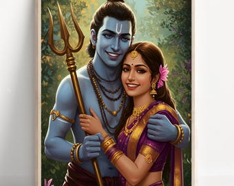 Shiva and Parvati, God Shiva, Parvati, Shiv Parvati Hindu God, Shiv Art, Indian God, Shiva Wall Art, Shiv Painting, Poster Print, Canvas