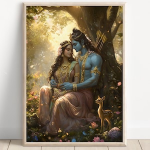 Ram e Sita Art, Lord Rama e Sita, Arte murale di divinità indù, Ram, Rama e Sita, Dio indiano, Stampa poster, Stampa su tela