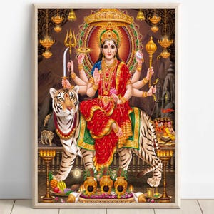 Durga, Goddess Durga, Durga Meditating, Durga Art, Durga Painting, Hindu Goddess Wall Art, Tiger Goddess, Indian God, Poster Print, Canvas