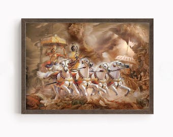 Hindu God Wall Art: Vintage Krishna & Arjuna Poster Print, Canvas Decor, Spiritual Home Decoration