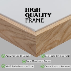 K&ouml;nnte beinhalten: Nahaufnahme eines Holzrahmens mit dem Text "HIGH QUALITY FRAME". Der Rahmen besteht aus massivem Hartholz und verf&uuml;gt &uuml;ber Archivqualit&auml;t-Leinwand. Zus&auml;tzlicher Text weist darauf hin, dass der Rahmen umweltfreundlich, langlebig und riss- und verzugsbest&auml;ndig ist.
