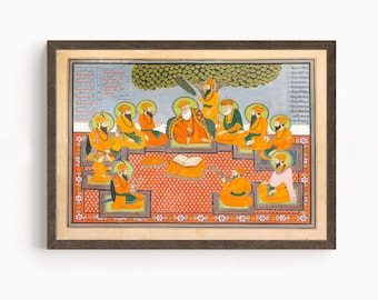 Sikh Art | The Ten Holy Sikh Gurus with Guru Nanak Dev at Center | Sikh Gurus | Religious Art | Vintage Art painting | Print | Canvas