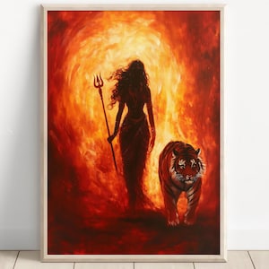 Durga, Diosa Durga, Diosa Hindú, Arte Durga, Pintura Durga, Arte Mural de Diosa Hindú, Diosa Tigre, Diosa India, Impresión de Póster, Lienzo