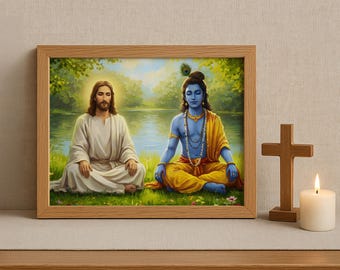 Pan Kriszna medytuje z Jezusem Chrystusem, Jezus z Kriszną, Religijny wydruk, Bóg jest jeden, Jezus i Kriszna obraz