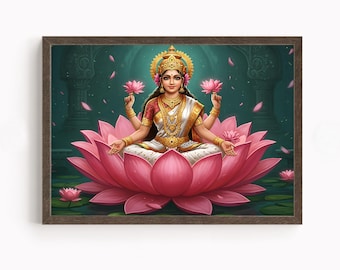 Lakshmi, Bogini Bogactwa, Bogini Lakshmi, Hinduska Bogini Ścienna Sztuka, Hinduski Bóg, Indyjski Bóg, Plakat Wydruk, Płótno