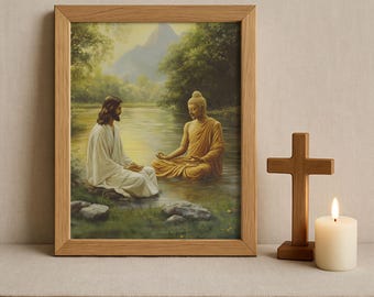 Lord Buddha meditating with Jesus Christ, Jesus meditating along with Buddha, Religious Print, God is one, Print, Canvas