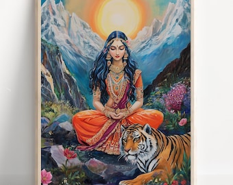 Durga, Goddess Durga, Durga Meditating, Durga Art, Durga Painting, Hindu Goddess Wall Art, Tiger Goddess, Indian God, Poster Print, Canvas