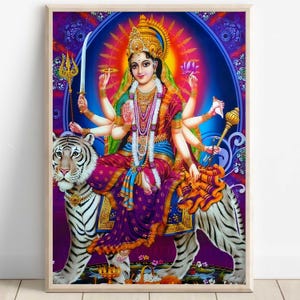Durga, Goddess Durga, Durga Meditating, Durga Art, Durga Painting, Hindu Goddess Wall Art, Tiger Goddess, Indian God, Poster Print, Canvas