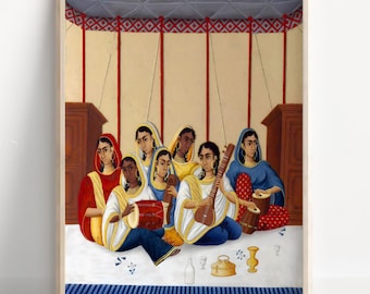 Sikh Women Music Painting | Punjabi Folk Art Wall Decor | Cultural Heritage Poster | Traditional Indian Canvas Print, Framed Poster