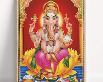 Ganesh, Señor Ganesh, Arte mural de dios hindú, Arte vintage, Dios indio, Impresión de póster, Lienzo