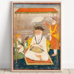 Arte Sikh / Gurú Nanak Dev con Mardana / Primer Gurú Sikh de 1469 a 1539 / Pintura de arte vintage / Arte religioso / Impresión / Lienzo