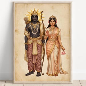 May include: A framed print depicting two figures in traditional Indian dress. The male figure, with dark skin, holds a bow and arrow. The female figure holds a lotus flower. A golden sun is in the background.