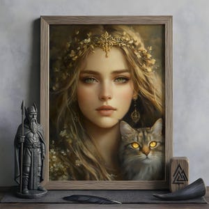Freyja Wall Art, Norse Mythology Decor, Viking Goddess Artwork, Goddess of Love and War, Nordic Wall Art, Freyja with Cats and Brísingamen