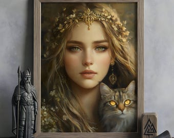 Freyja Wandkunst, Nordische Mythologie Dekoration, Wikinger Göttin Kunstwerk, Göttin der Liebe und des Friedens, Nordische Wandkunst, Freyja mit Katzen und Brísingamen