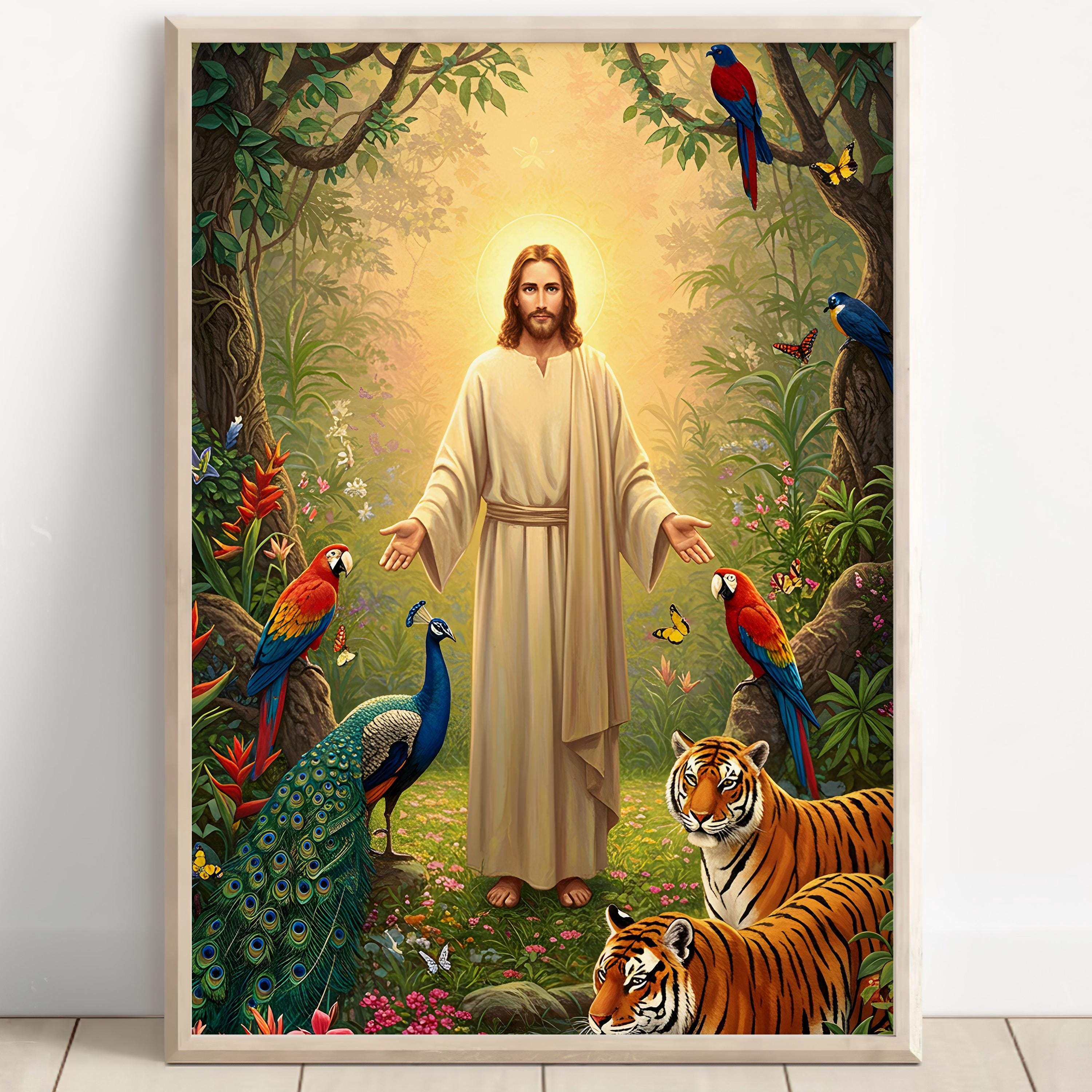キリスト教の壁画、動物たちとイエス、ジャングルのイエス・キリスト