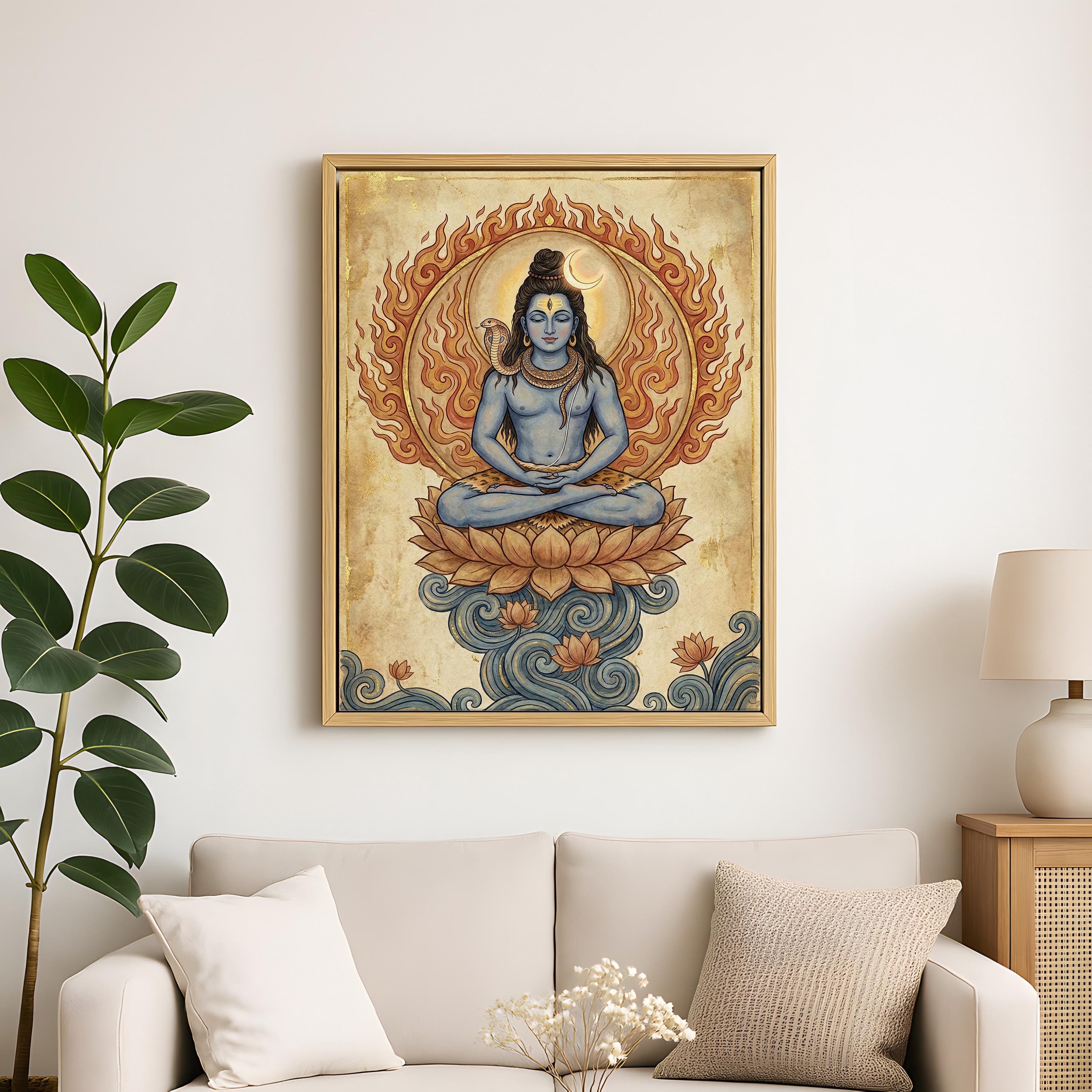 Lord Shiva Meditation Wall Art Mahadev Lotus Painting Hindu