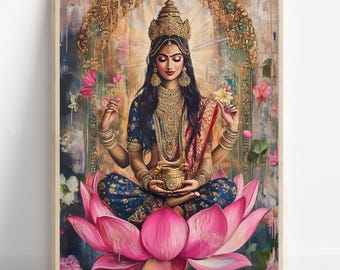 Lakshmi, Bogini Bogactwa, Bogini Lakshmi, Sztuka Lakshmi, Sztuka hinduskiej bogini, Bóg hinduski, Bóg indyjski, Plakat, Płótno