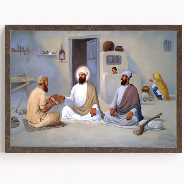 Sikh Art | Guru Nanak Dev | Guru Nanak Ji With Bhai Lalo| First Sikh Guru from 1469 to 1539 | Vintage Art | Religious Art | Print | Canvas