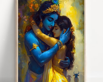 Radha Krishna Love Painting | Hindu Divine Couple Art | Spiritual Wall Decor | Indian God Poster | Romantic Canvas Print for Home
