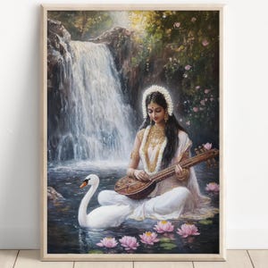 Saraswati, Goddess Saraswati, Goddess of Knowledge, Saraswati Art, Hindu Goddess, Hindu God Wall Art, Indian Goddess, Poster Print, Canvas