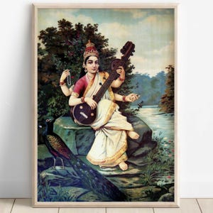 Saraswati, Goddess Saraswati, Goddess of Knowledge, Saraswati Art, Hindu Goddess, Hindu God Wall Art, Indian Goddess, Poster Print, Canvas