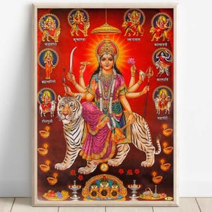 Durga, Goddess Durga, Durga Meditating, Durga Art, Durga Painting, Hindu Goddess Wall Art, Tiger Goddess, Indian God, Poster Print, Canvas