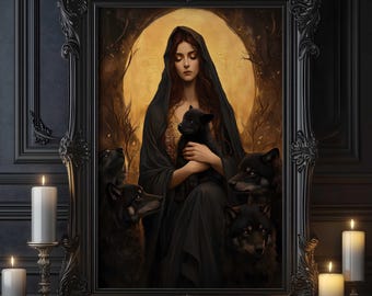 May include: A framed gothic-style artwork depicts a woman in black robes holding a black wolf cub, surrounded by other wolves. The background features a golden moon and bare trees. The ornate black frame is flanked by lit candles.