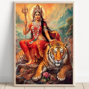 Durga, Goddess Durga, Durga Meditating, Durga Art, Durga Painting, Hindu Goddess Wall Art, Tiger Goddess, Indian God, Poster Print, Canvas