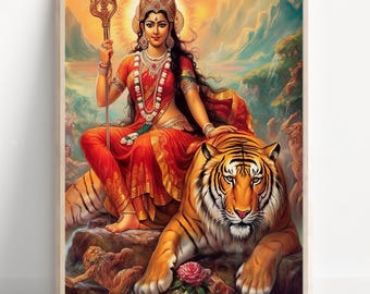 May include: A framed artwork depicts a woman in red attire, adorned with jewelry, seated on a tiger. She holds a trident, with a radiant halo. The background features mountains and a sunset, with a rose in the foreground.