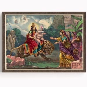 AGAMANI, Return of the Goddess Parvati to the home of her parents, Parvati, Vintage Art, Indian God, Poster Print, Canvas