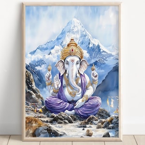 Ganesh at Mount Kailash, Lord Ganesh, Ganesha, Hindu God Wall Art, Indian Miniature Art, Vintage Art, Indian God, Poster Print, Canvas